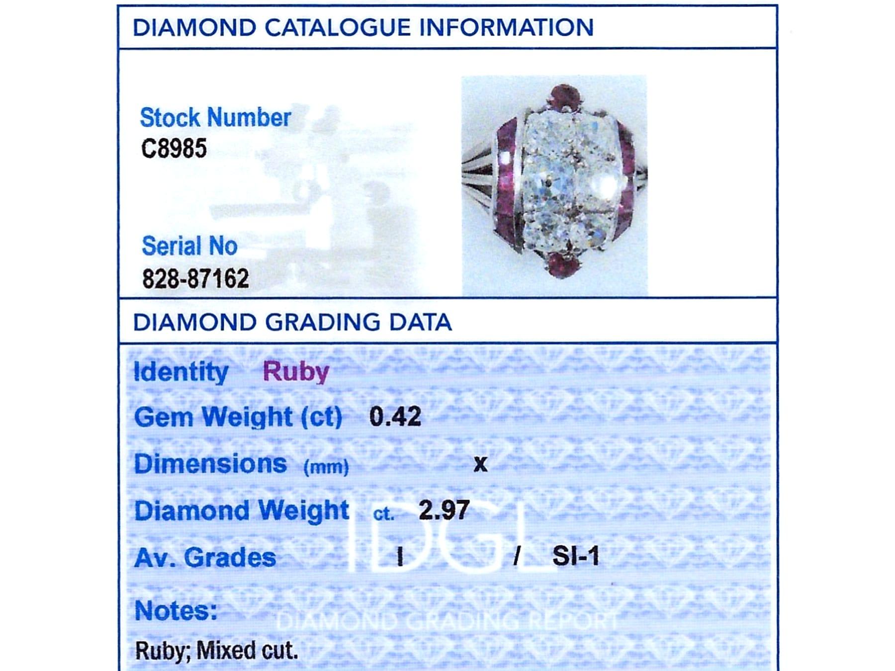 Art Deco 0.42 Carat Ruby and 2.97 Carat Diamond 18k White Gold Ring Circa 1930 For Sale 6