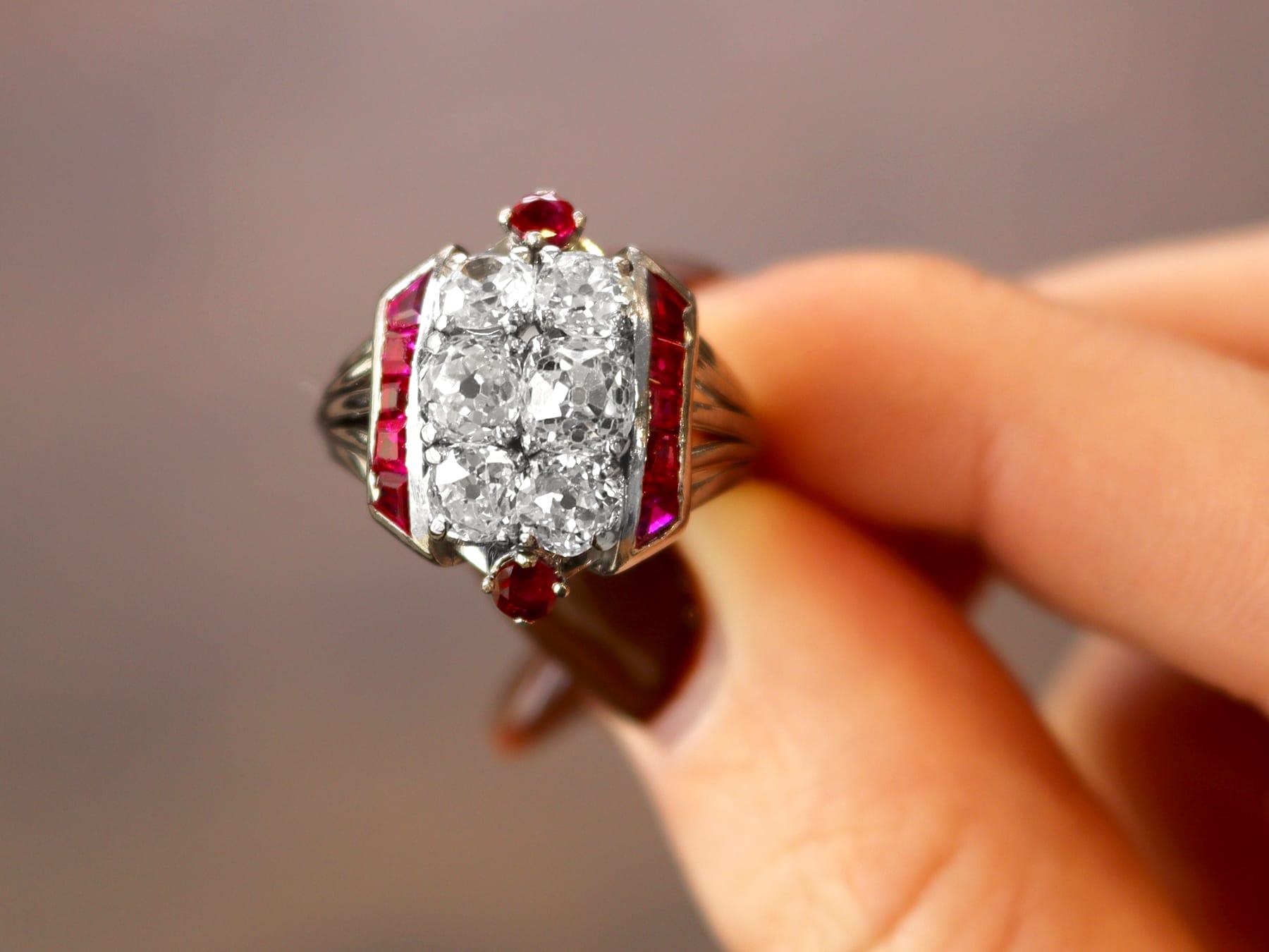 A stunning, fine and impressive antique Art Deco 0.42 carat ruby, 2.97 carat diamond and 18 karat white gold dress ring; part of our diverse antique 1930s jewelry collection.

This stunning, fine and impressive antique ruby ring has been crafted in