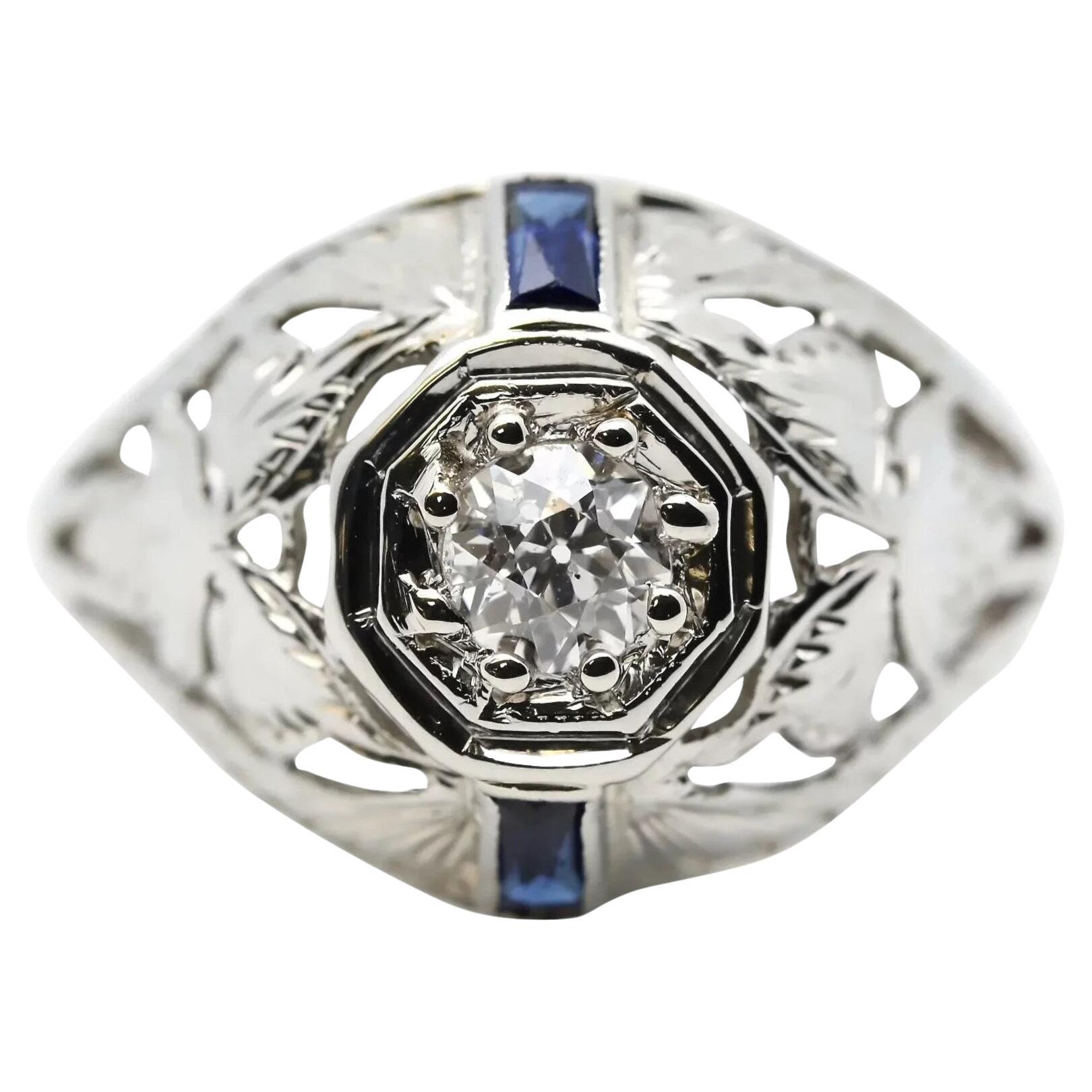Art Deco 0.42ct Diamond & French Cut Sapphire Floral Dome Ring For Sale