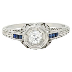Art Deco 0.43 Carat Diamond Sapphire Platinum Octagonal Engagement Ring