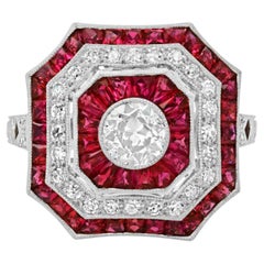 Art Deco Style 0.43 Ct Diamond French Cut Ruby 2.18 Tcw Platinum Engagement Ring