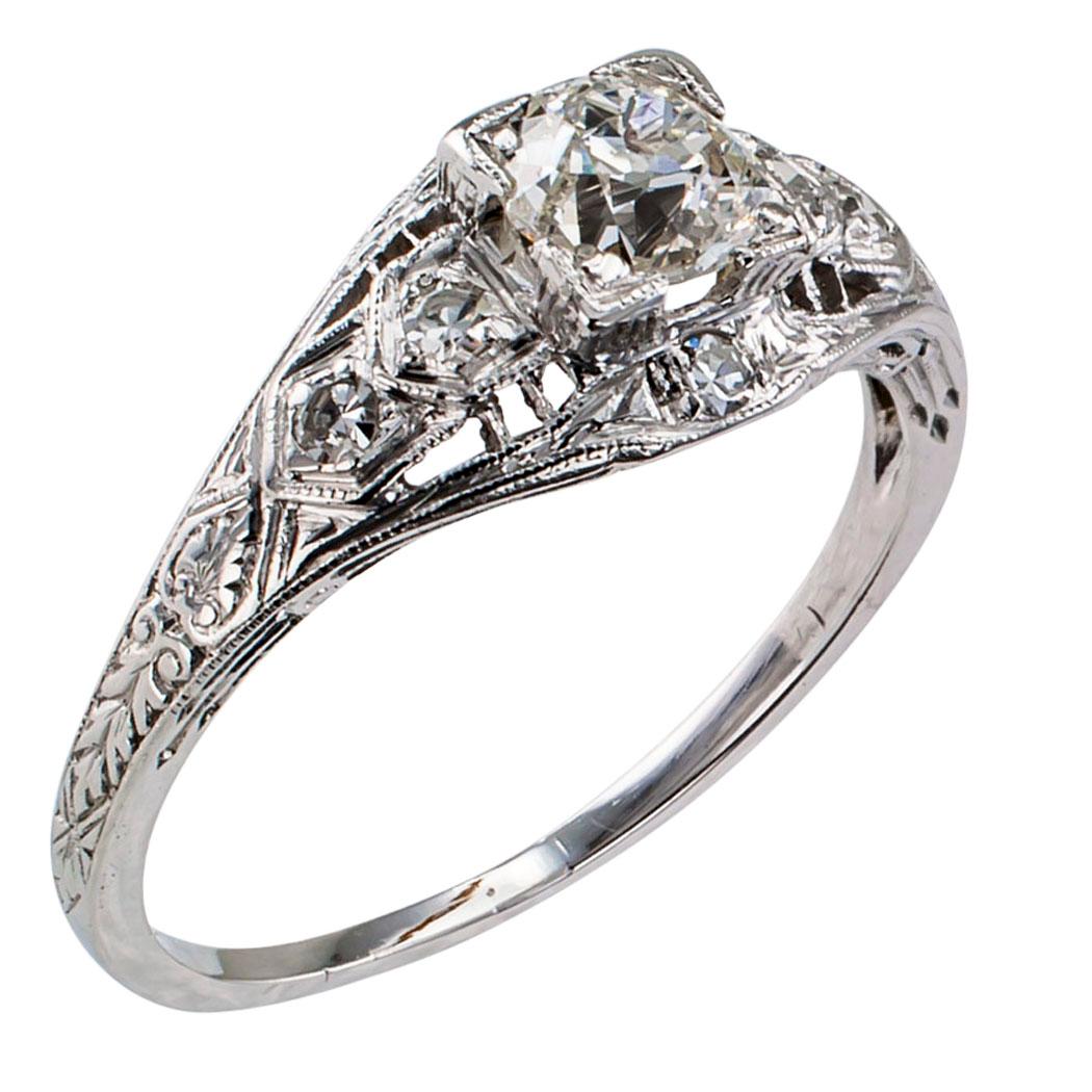 Old Mine Cut Art Deco 0.44 Carat Diamond Platinum Engagement Ring