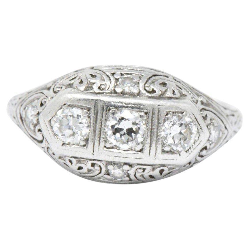 Art Deco 0.45 Carat Diamond and 19 Karat White Gold Filigree Ring