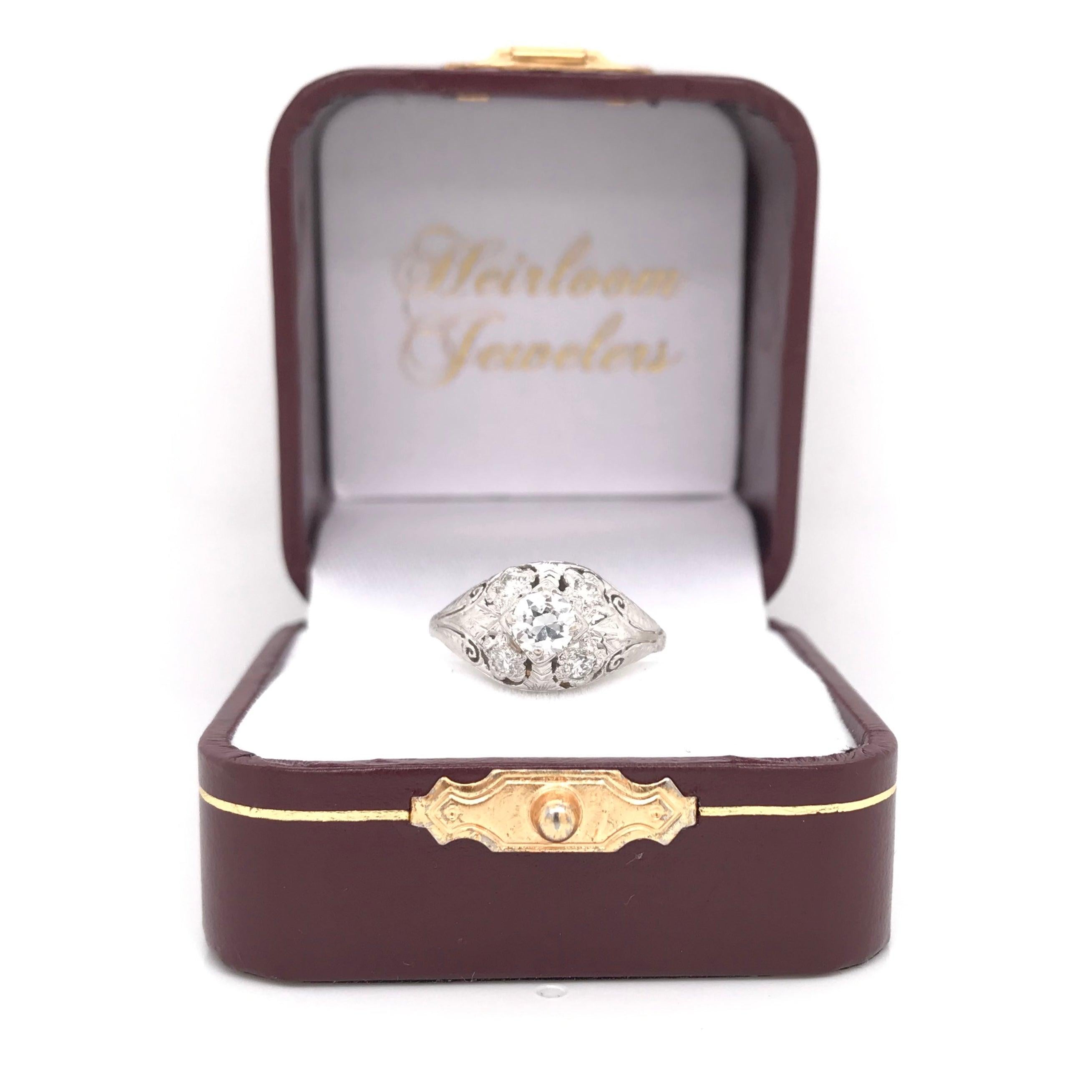 Art Deco 0.45 Carat Diamond and Floral Filigree Ring 9