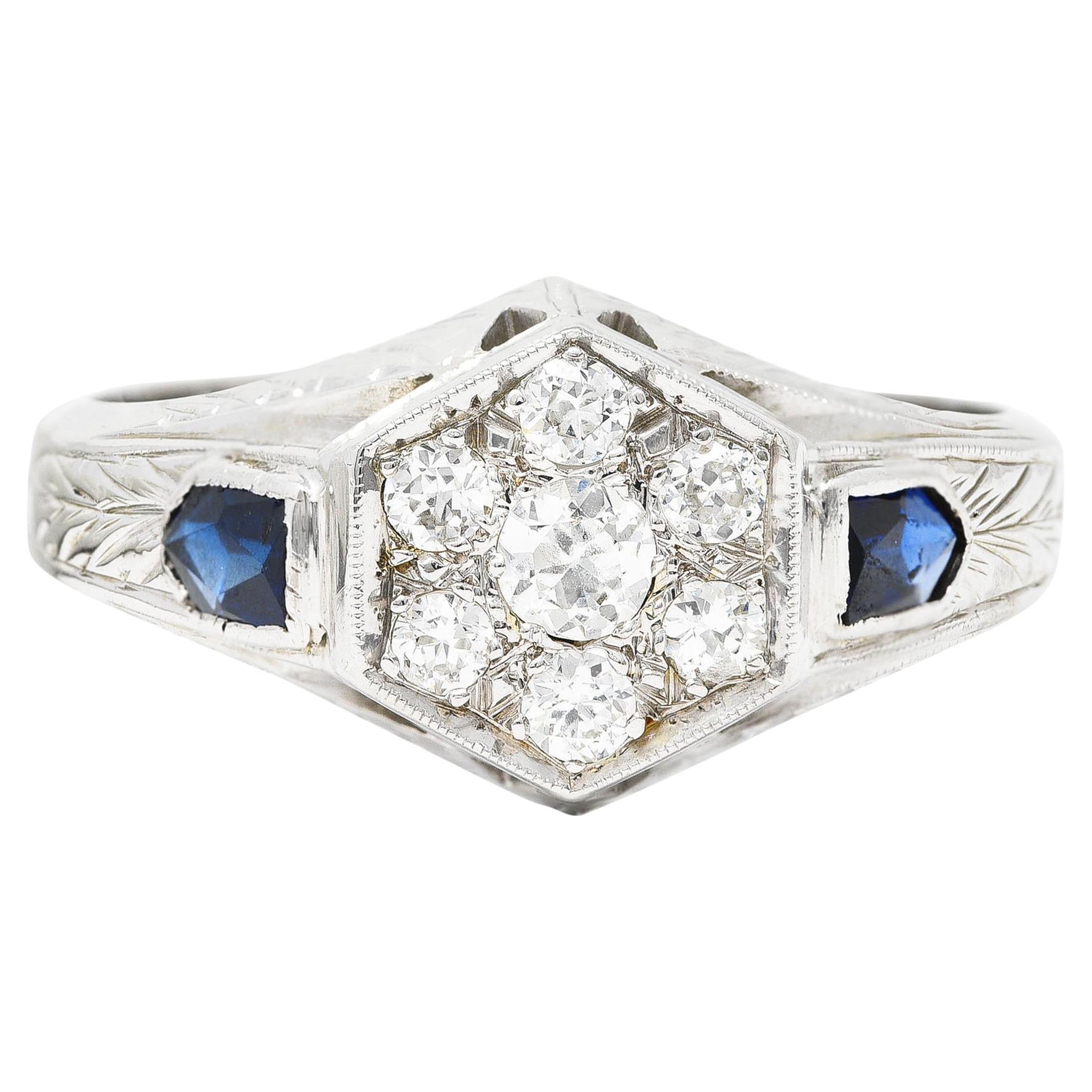 Art Deco 0.45 Carat Old European Sapphire 20 Karat White Gold Unisex Ring