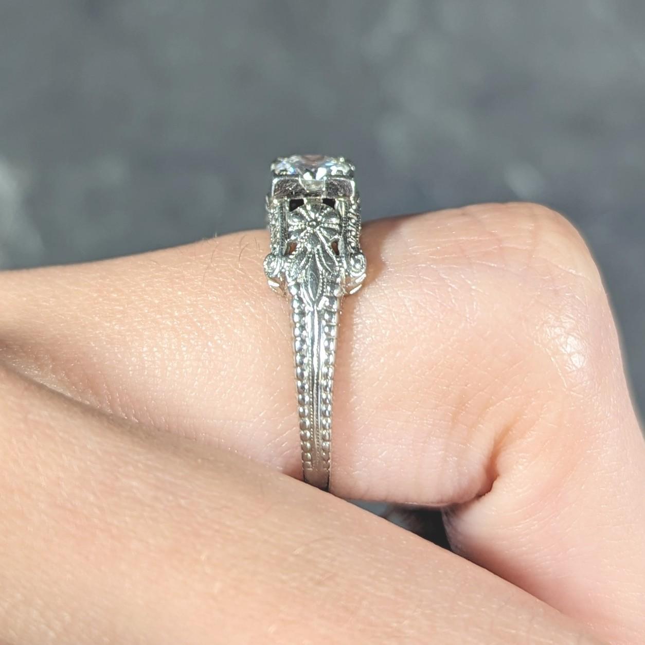 Art Deco 0.45 CTW Old European Cut Diamond 18 Karat White Gold Engagement Ring For Sale 7