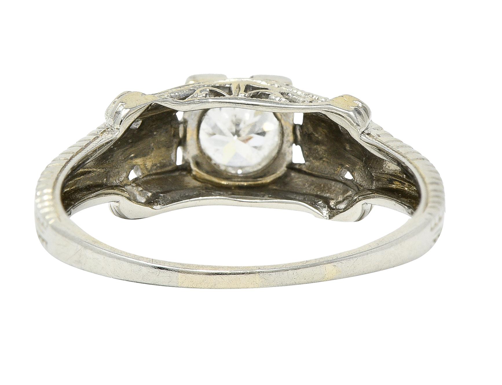 Art Deco 0.45 CTW Old European Cut Diamond 18 Karat White Gold Engagement Ring In Excellent Condition For Sale In Philadelphia, PA