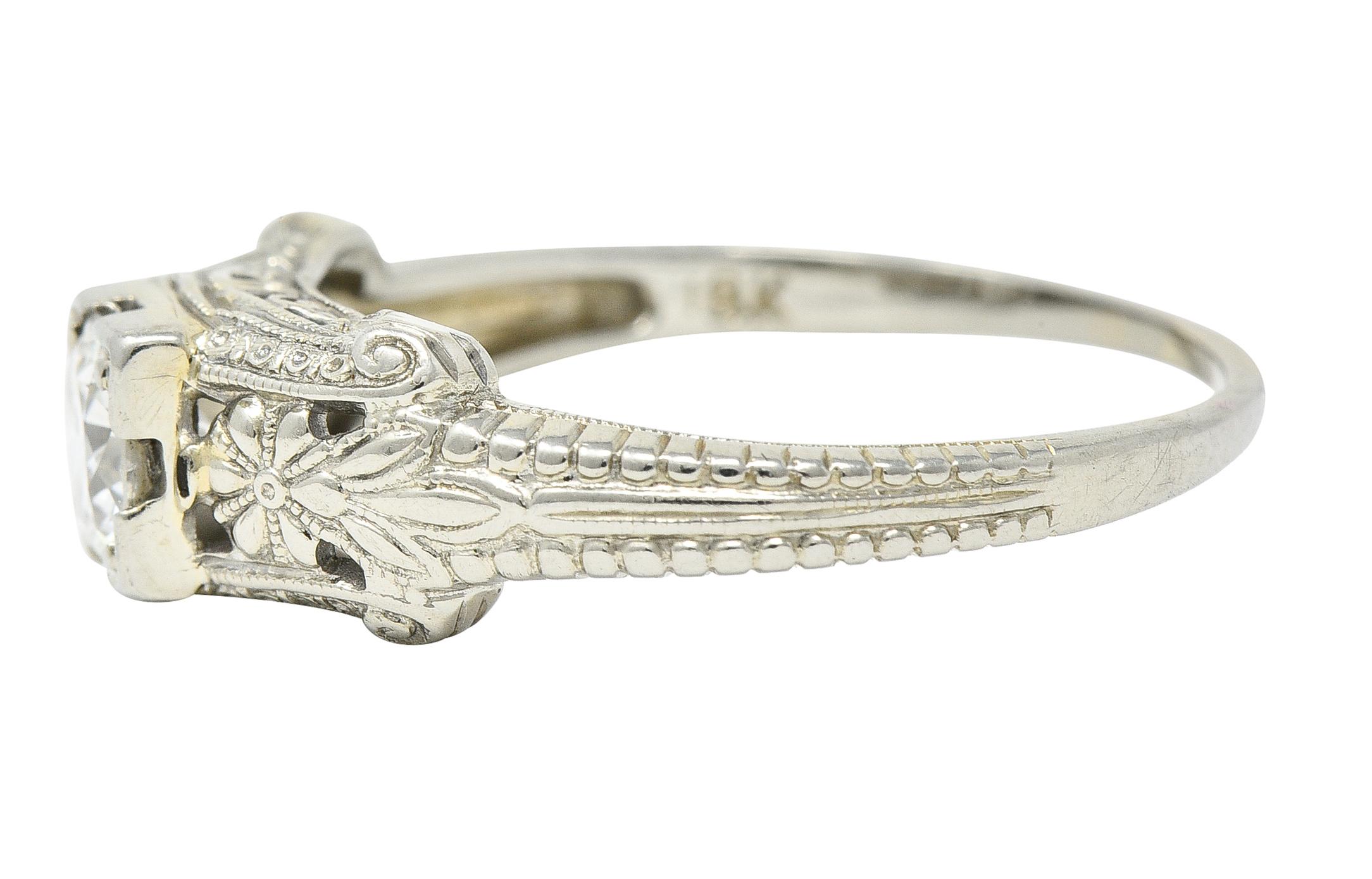 Women's or Men's Art Deco 0.45 CTW Old European Cut Diamond 18 Karat White Gold Engagement Ring For Sale