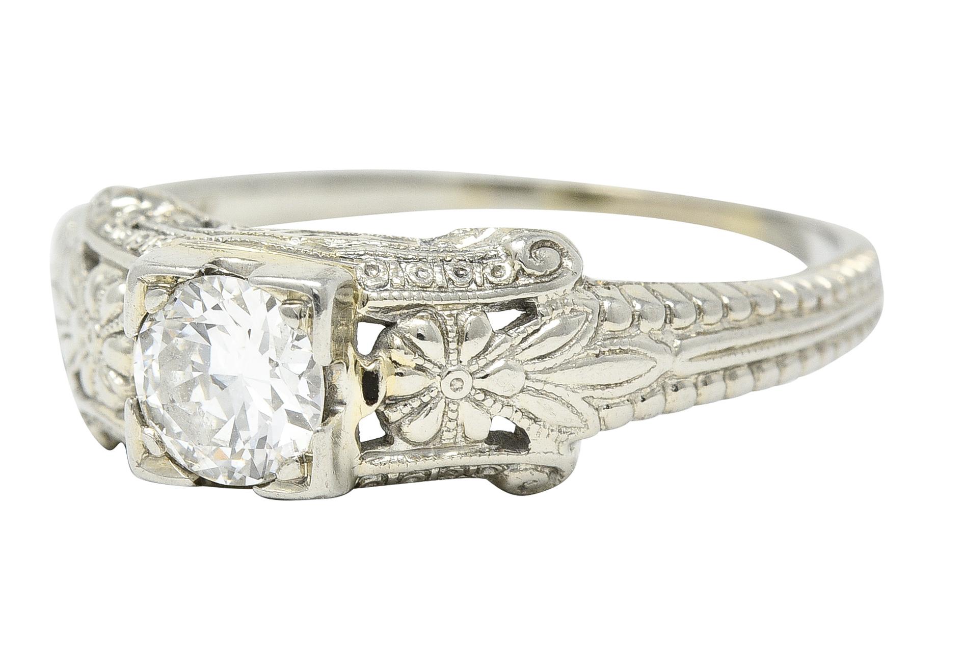 Art Deco 0.45 CTW Old European Cut Diamond 18 Karat White Gold Engagement Ring For Sale 1