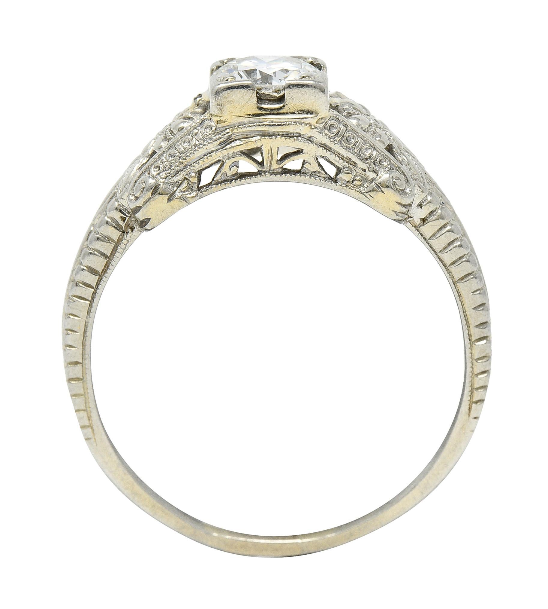 Art Deco 0.45 CTW Old European Cut Diamond 18 Karat White Gold Engagement Ring For Sale 3