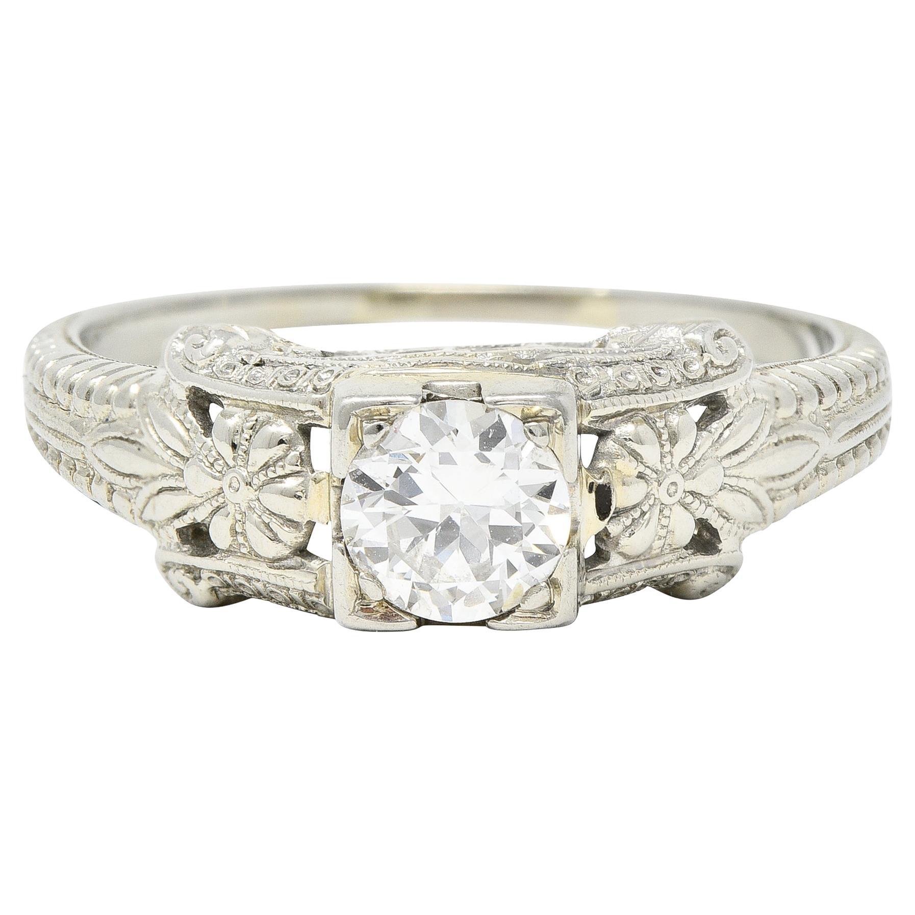 Art Deco 0.45 CTW Old European Cut Diamond 18 Karat White Gold Engagement Ring For Sale