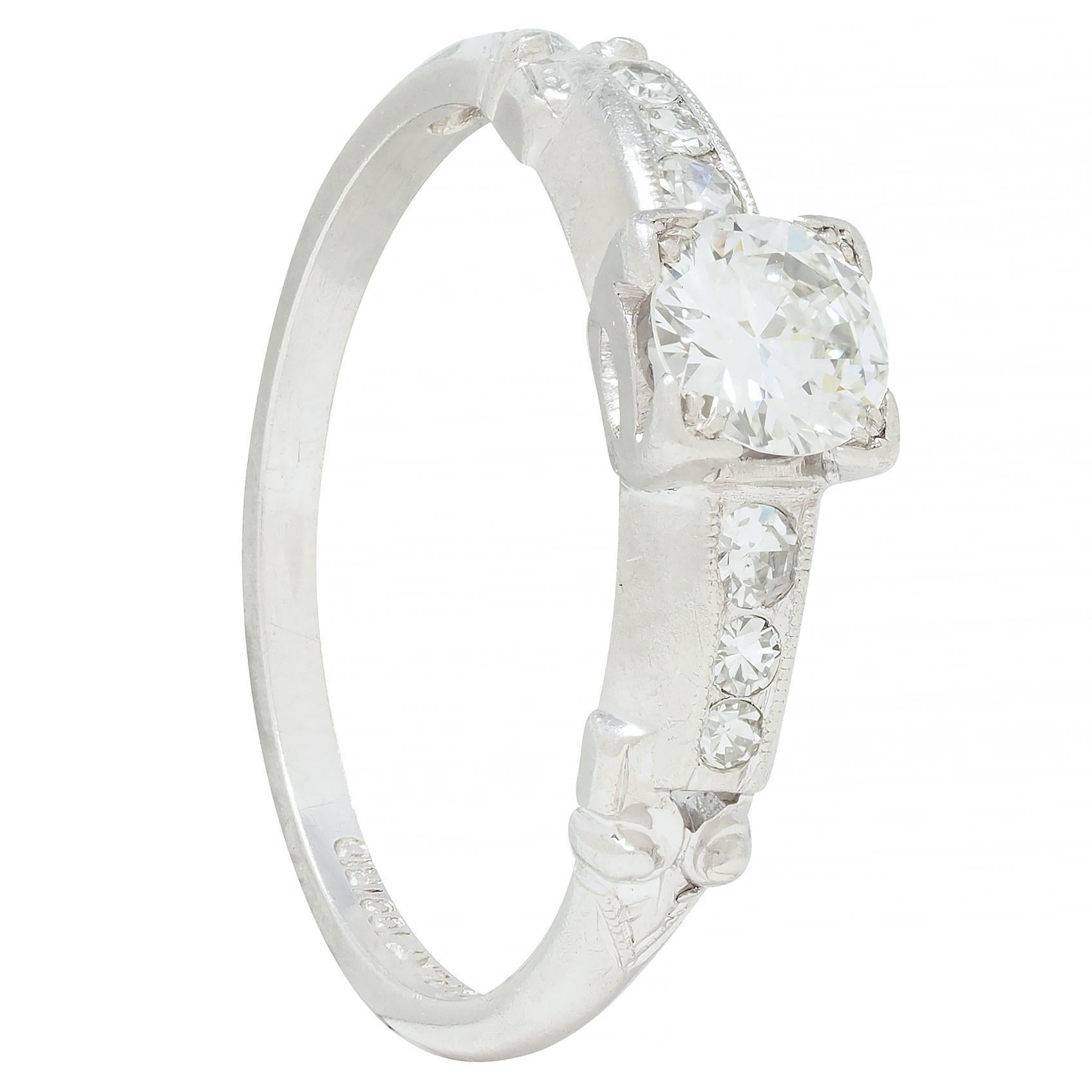 Art Deco 0.45 CTW Old European Cut Diamond Platinum Scroll Engagement Ring For Sale 7