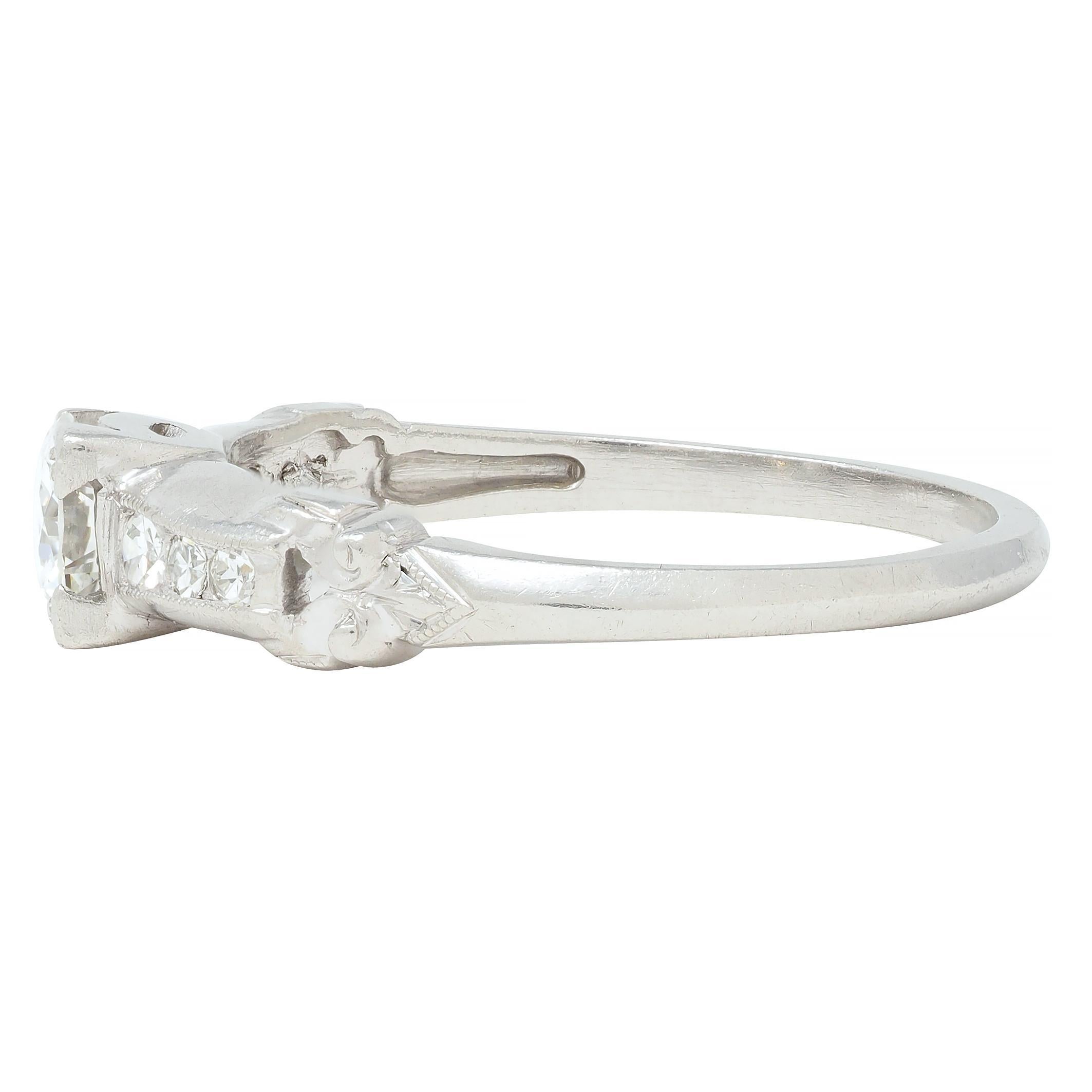 Art Deco 0.45 CTW Old European Cut Diamond Platinum Scroll Engagement Ring For Sale 2