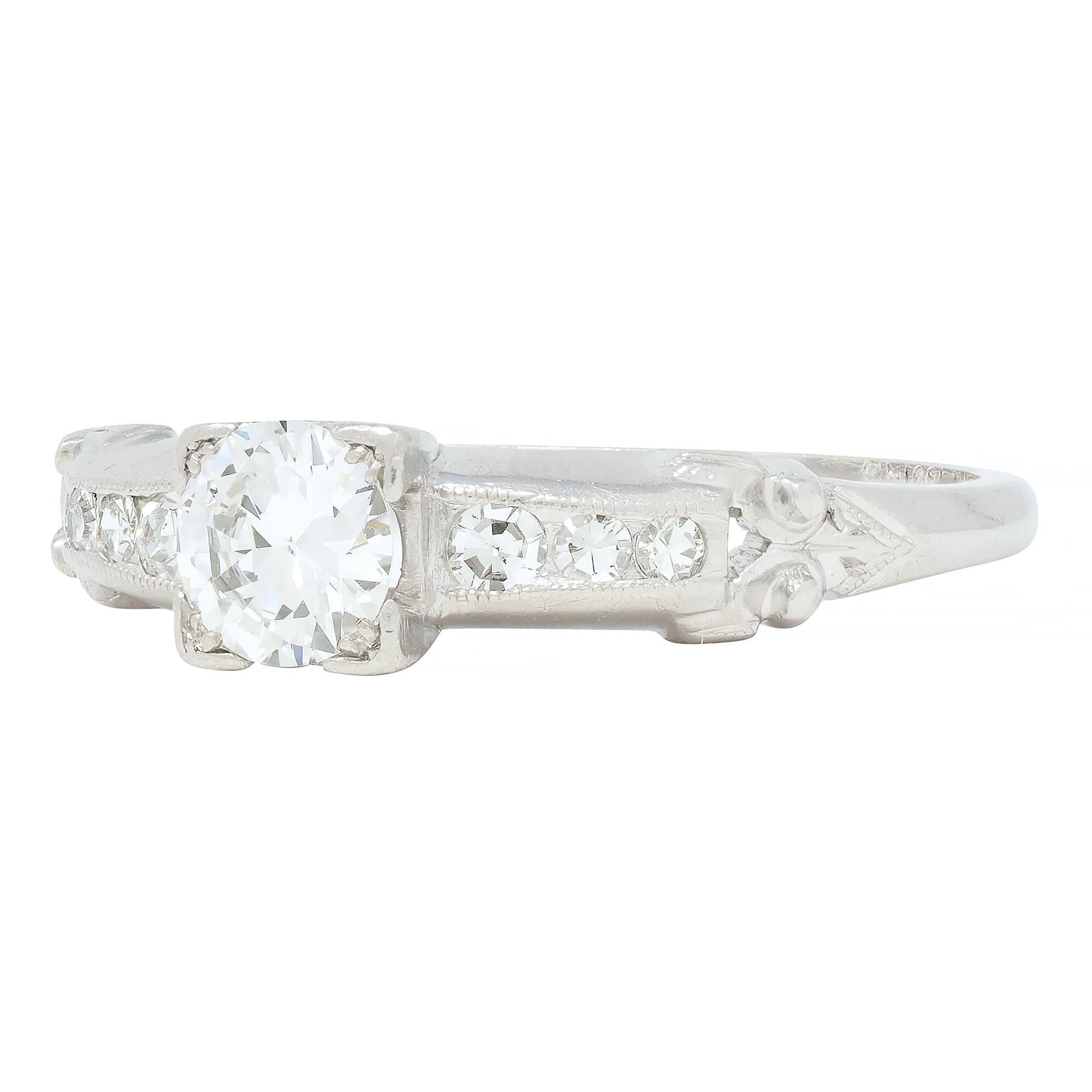Art Deco 0.45 CTW Old European Cut Diamond Platinum Scroll Engagement Ring For Sale 3