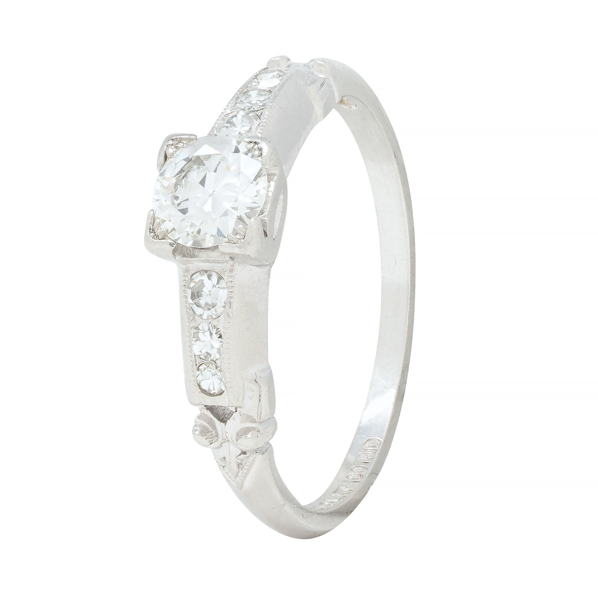 Art Deco 0.45 CTW Old European Cut Diamond Platinum Scroll Engagement Ring For Sale 5