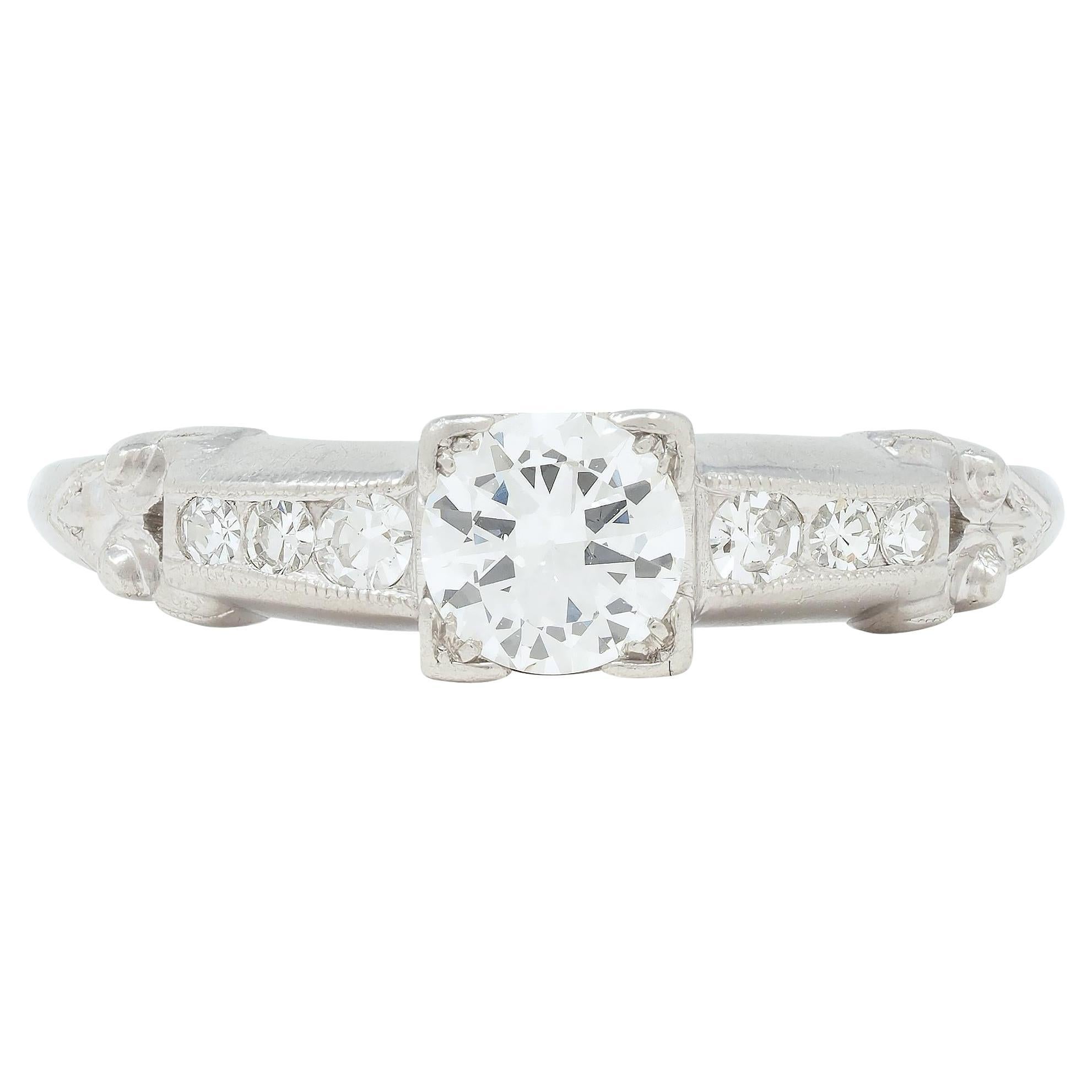 Art Deco 0.45 CTW Old European Cut Diamond Platinum Scroll Engagement Ring For Sale