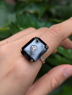 Art Deco 0.45ct Antique Old Cut Diamond Square Black Onyx 9ct Gold Signet Ring