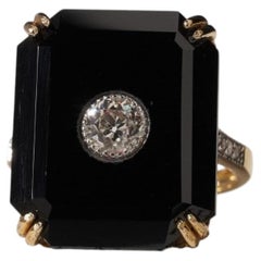 Art Deco 0.45ct Antique Old Cut Diamond Square Black Onyx 9ct Gold Signet Ring