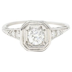 Art Deco 0.46 Carat Old European Cut Diamond Platinum Oak Leaf Engagement Ring