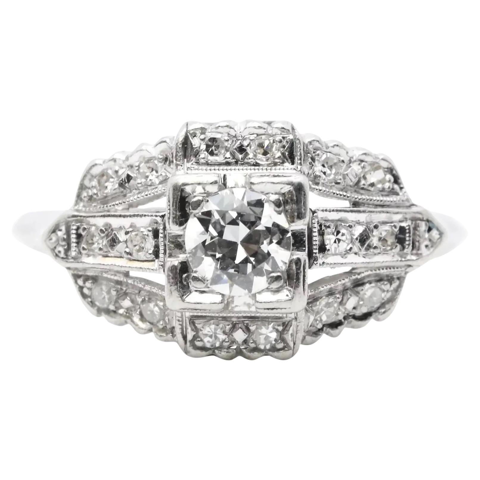 Art Deco 0.46ctw European Cut Diamond Engagement Ring in Platinum For Sale