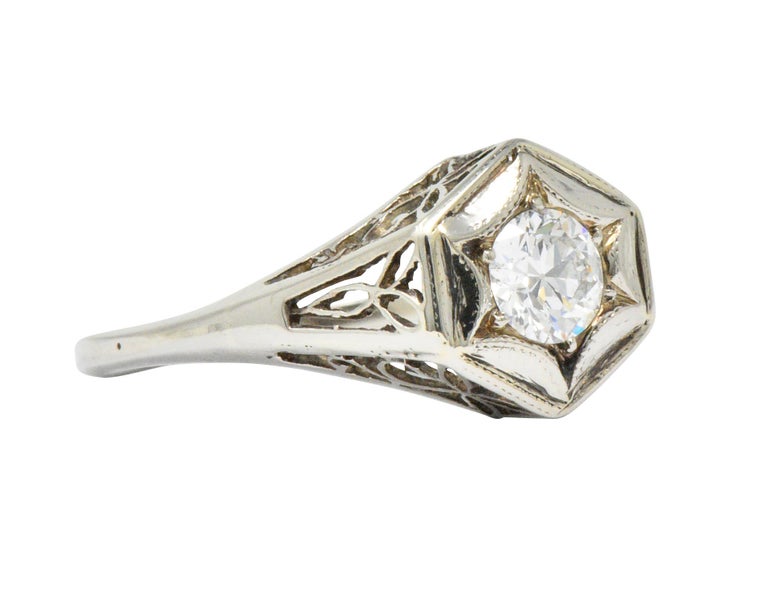 Old European Cut Art Deco 0.47 Carat Diamond 14 Karat White Gold Starburst Engagement Ring For Sale