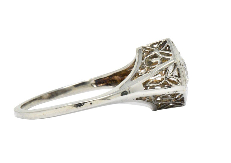 Art Deco 0.47 Carat Diamond 14 Karat White Gold Starburst Engagement Ring In Excellent Condition For Sale In Philadelphia, PA
