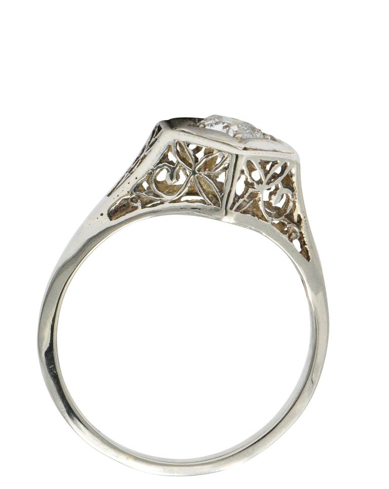 Women's or Men's Art Deco 0.47 Carat Diamond 14 Karat White Gold Starburst Engagement Ring For Sale