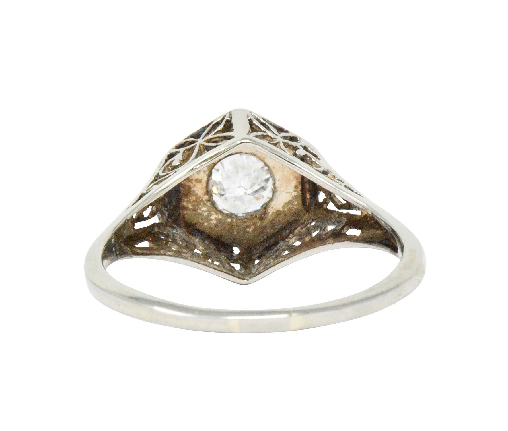 Old European Cut Art Deco 0.47 Carat Diamond 14 Karat White Gold Starburst Engagement Ring