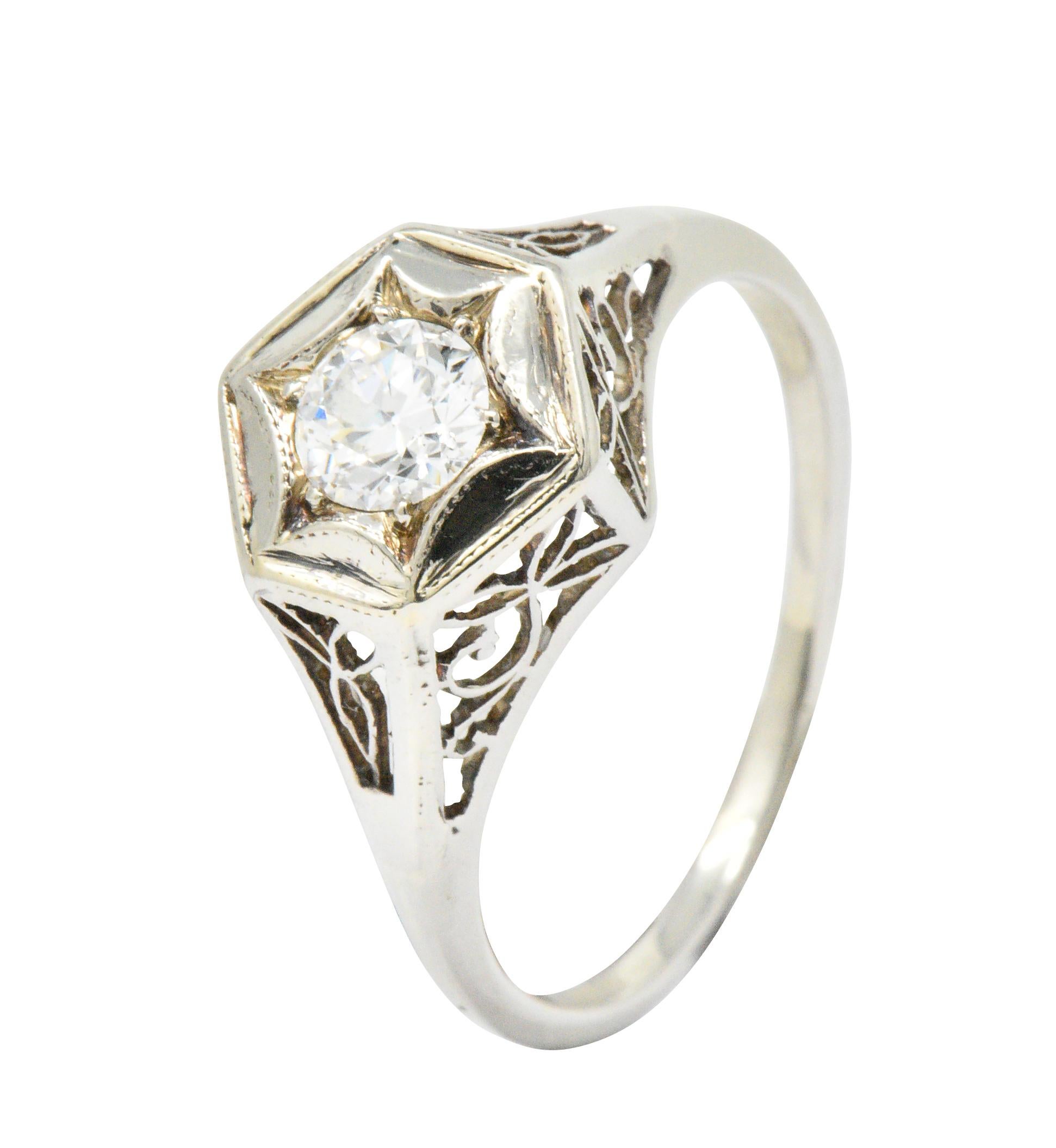 Art Deco 0.47 Carat Diamond 14 Karat White Gold Starburst Engagement Ring In Excellent Condition In Philadelphia, PA