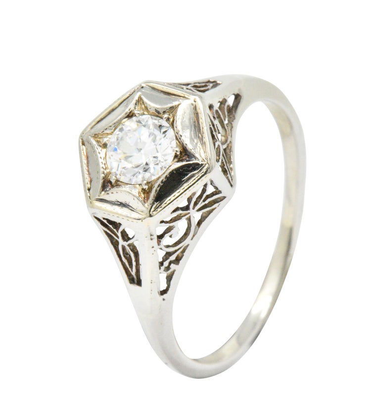 Art Deco 0.47 Carat Diamond 14 Karat White Gold Starburst Engagement Ring For Sale 2