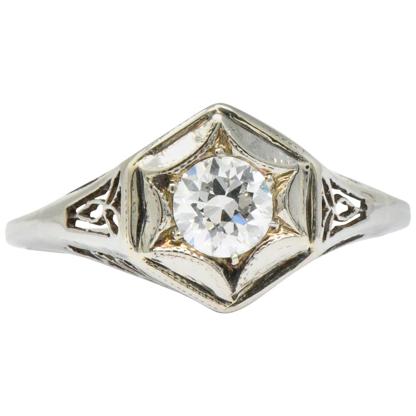 Art Deco 0.47 Carat Diamond 14 Karat White Gold Starburst Engagement Ring