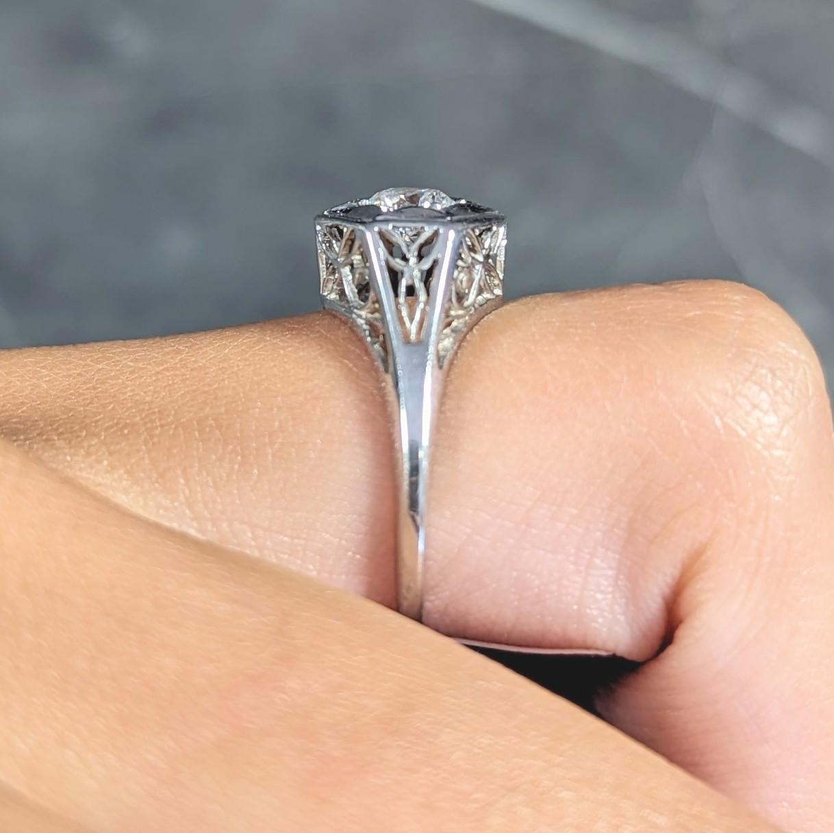 Art Deco 0.47 CTW Diamond 14 Karat White Gold Starburst Foliate Engagement Ring For Sale 6