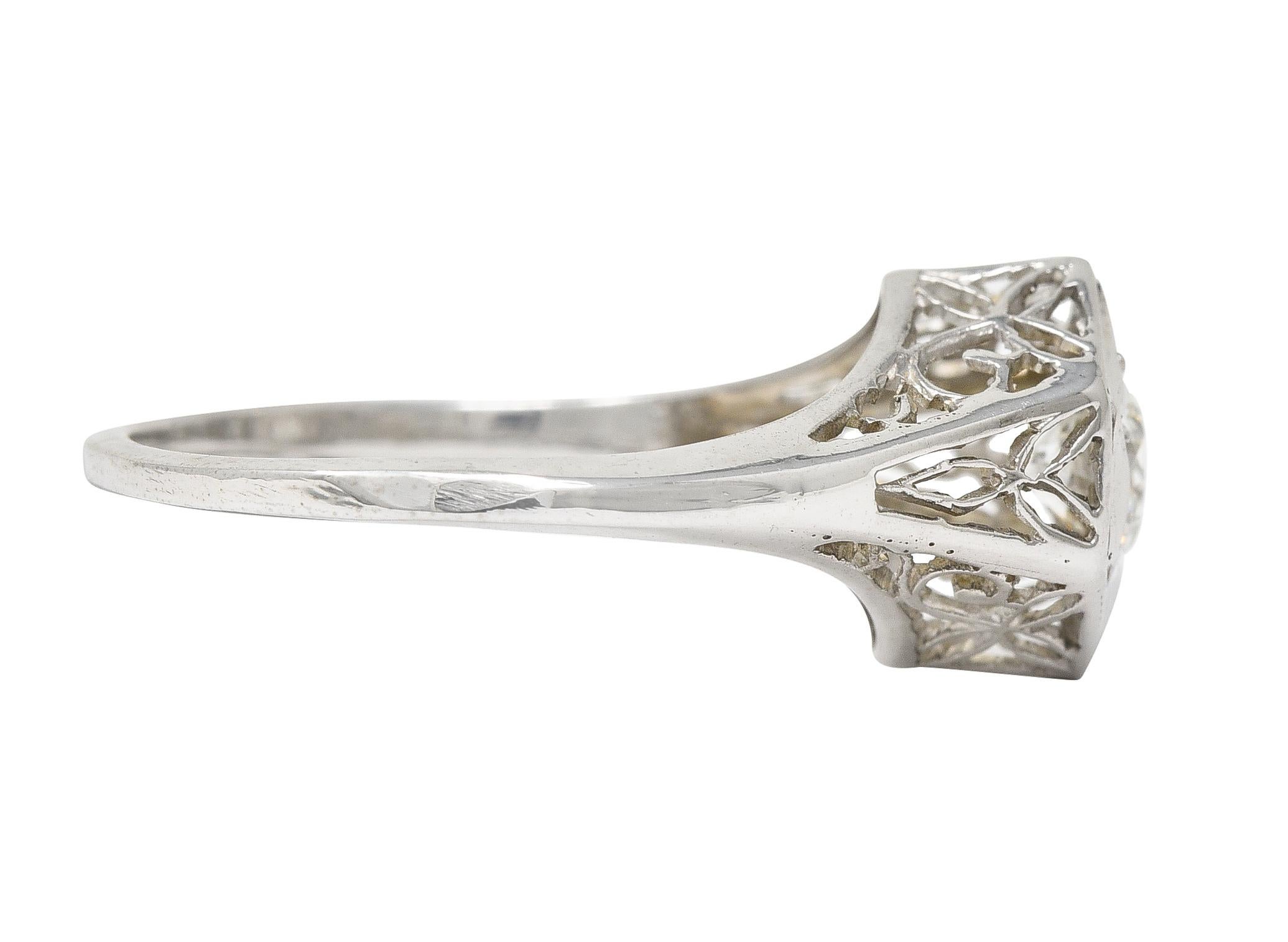Old European Cut Art Deco 0.47 CTW Diamond 14 Karat White Gold Starburst Foliate Engagement Ring For Sale