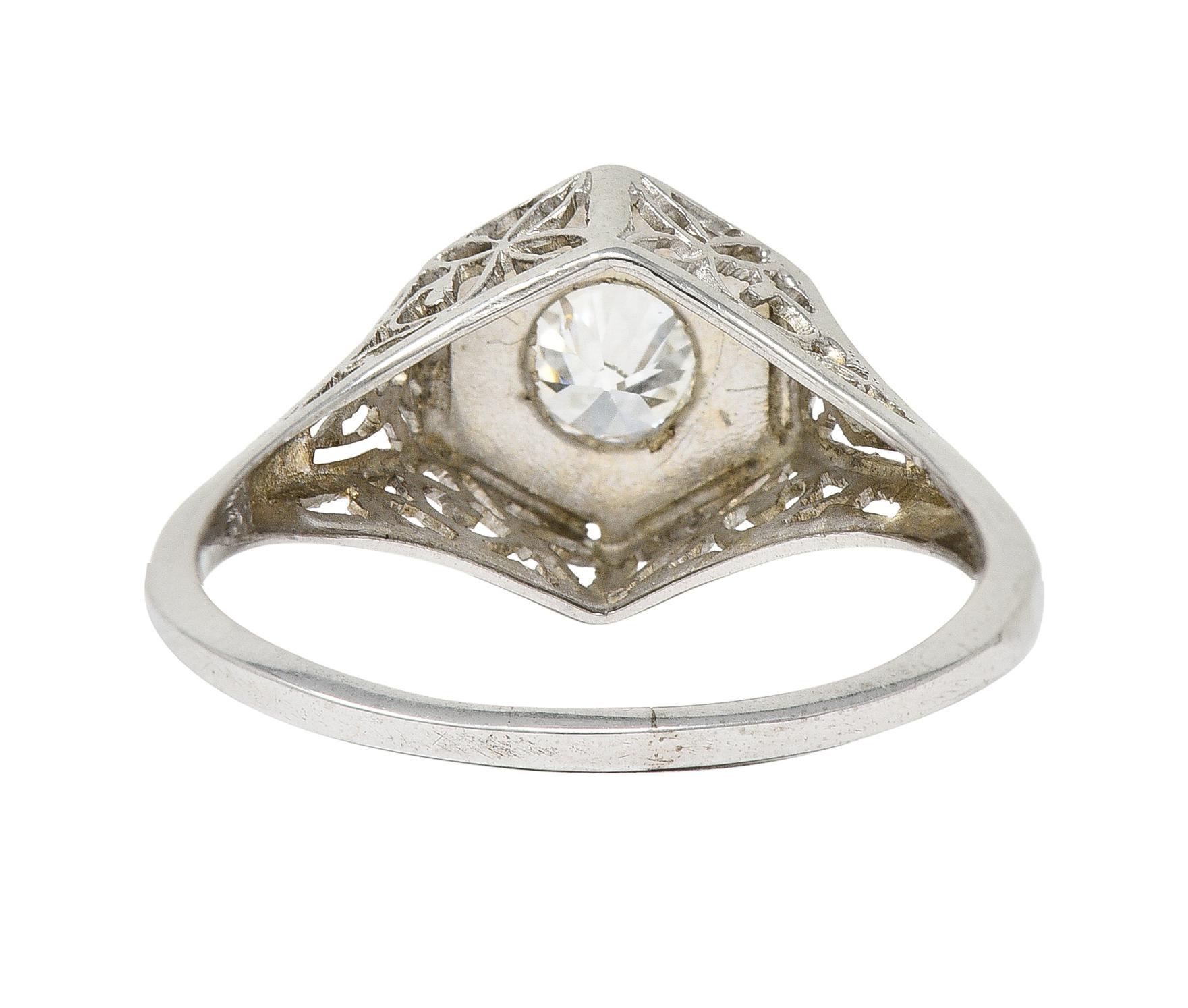 Art Deco 0.47 CTW Diamond 14 Karat White Gold Starburst Foliate Engagement Ring In Good Condition For Sale In Philadelphia, PA