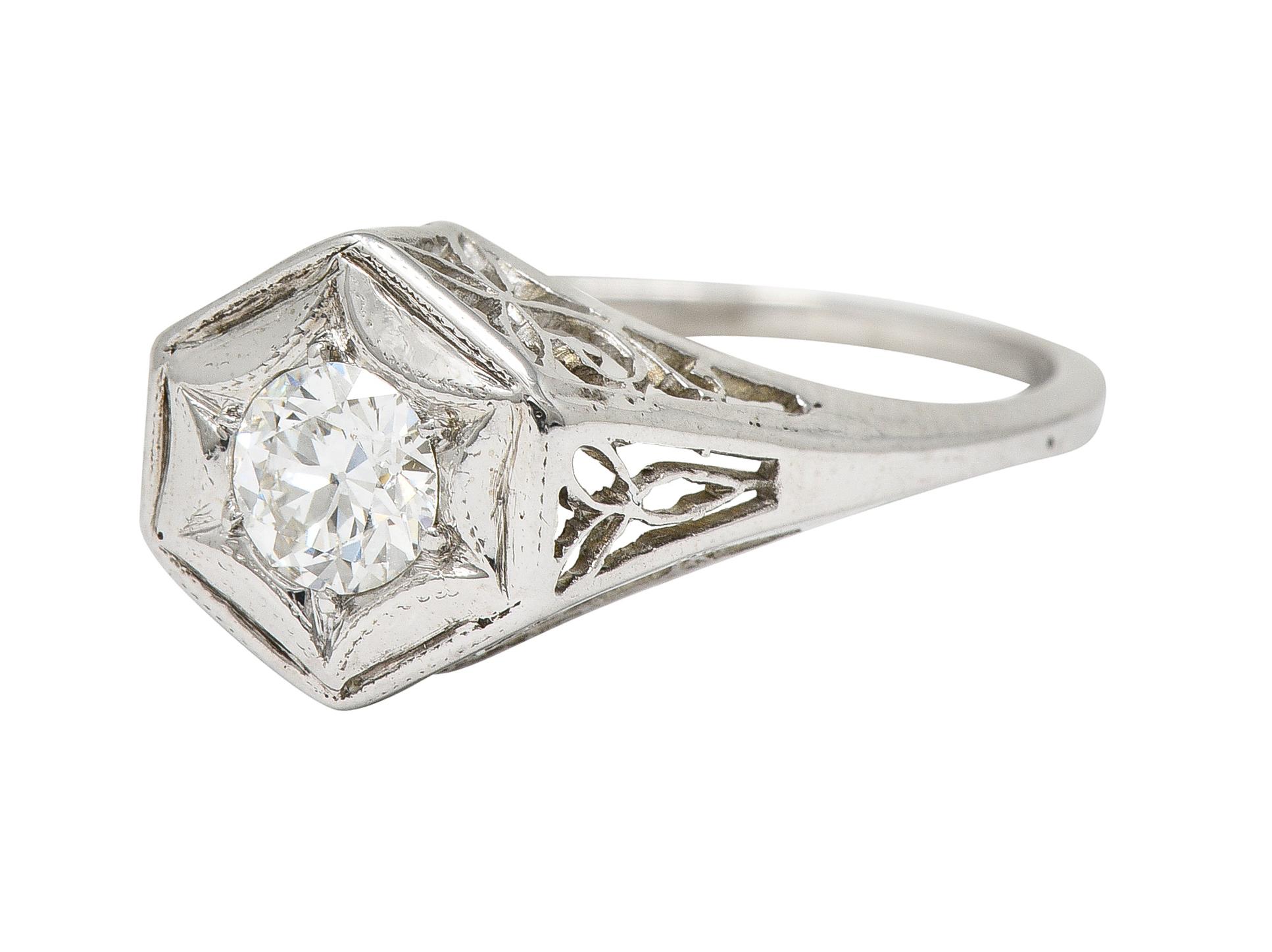 Art Deco 0.47 CTW Diamond 14 Karat White Gold Starburst Foliate Engagement Ring For Sale 1