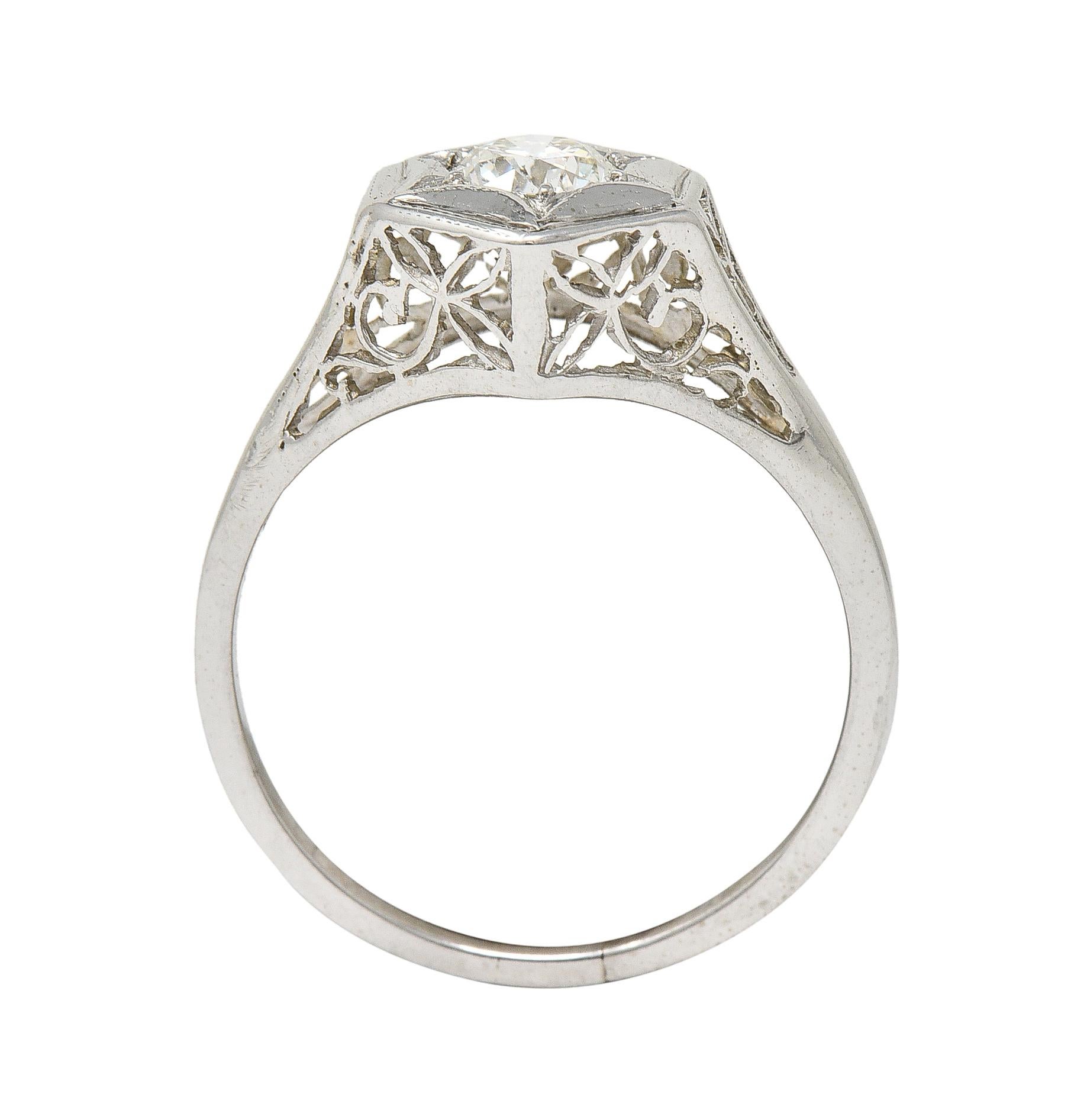 Art Deco 0.47 CTW Diamond 14 Karat White Gold Starburst Foliate Engagement Ring For Sale 2