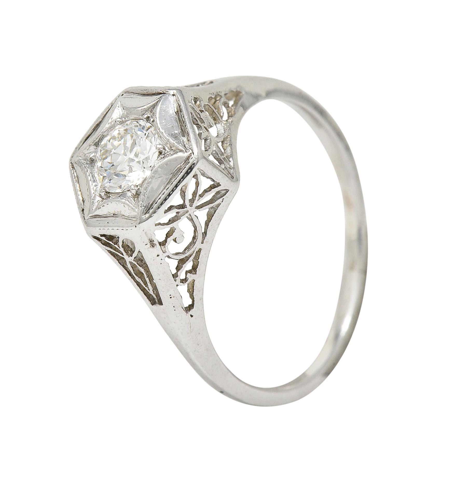 Art Deco 0.47 CTW Diamond 14 Karat White Gold Starburst Foliate Engagement Ring For Sale 3