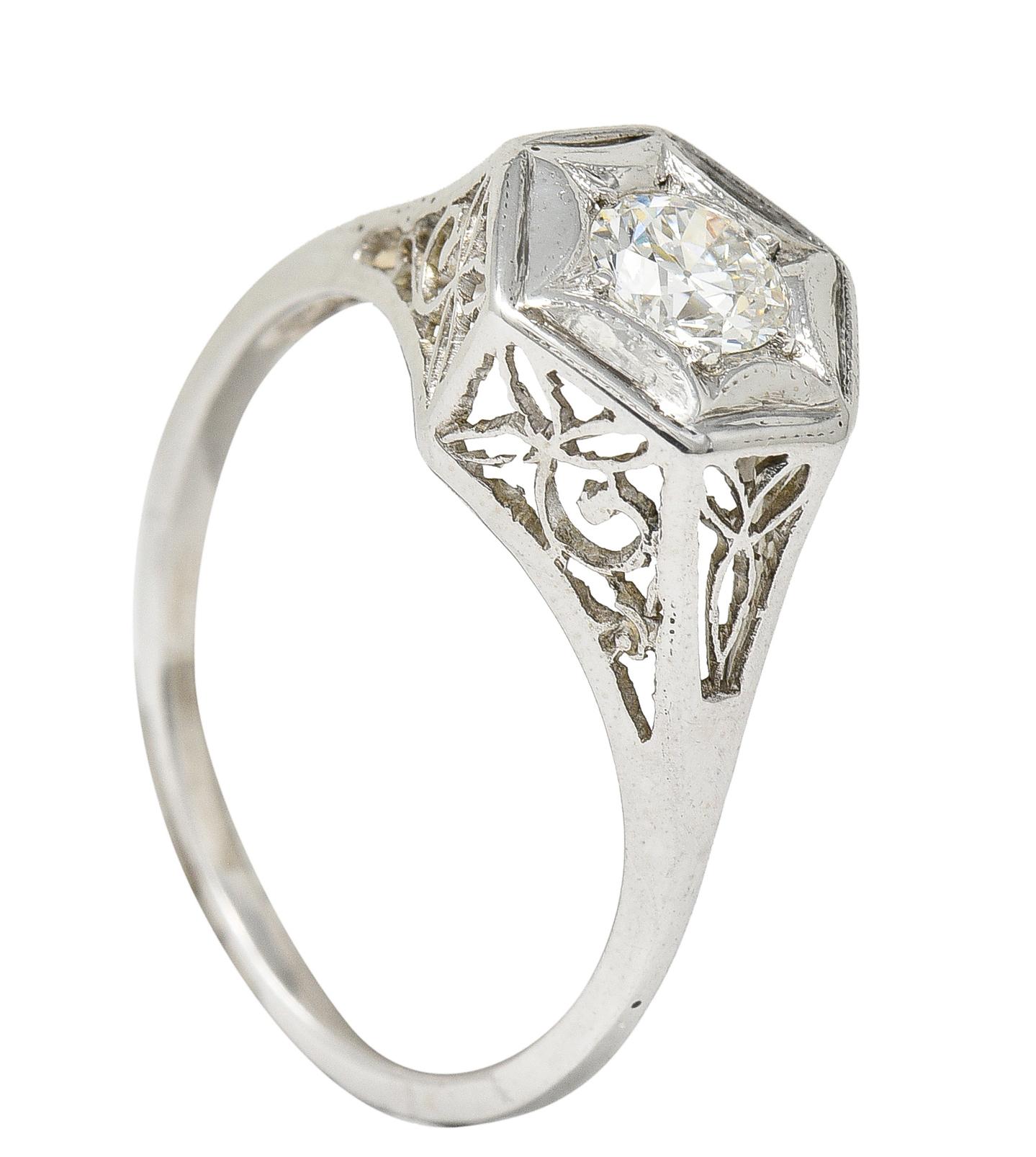 Art Deco 0.47 CTW Diamond 14 Karat White Gold Starburst Foliate Engagement Ring For Sale 4