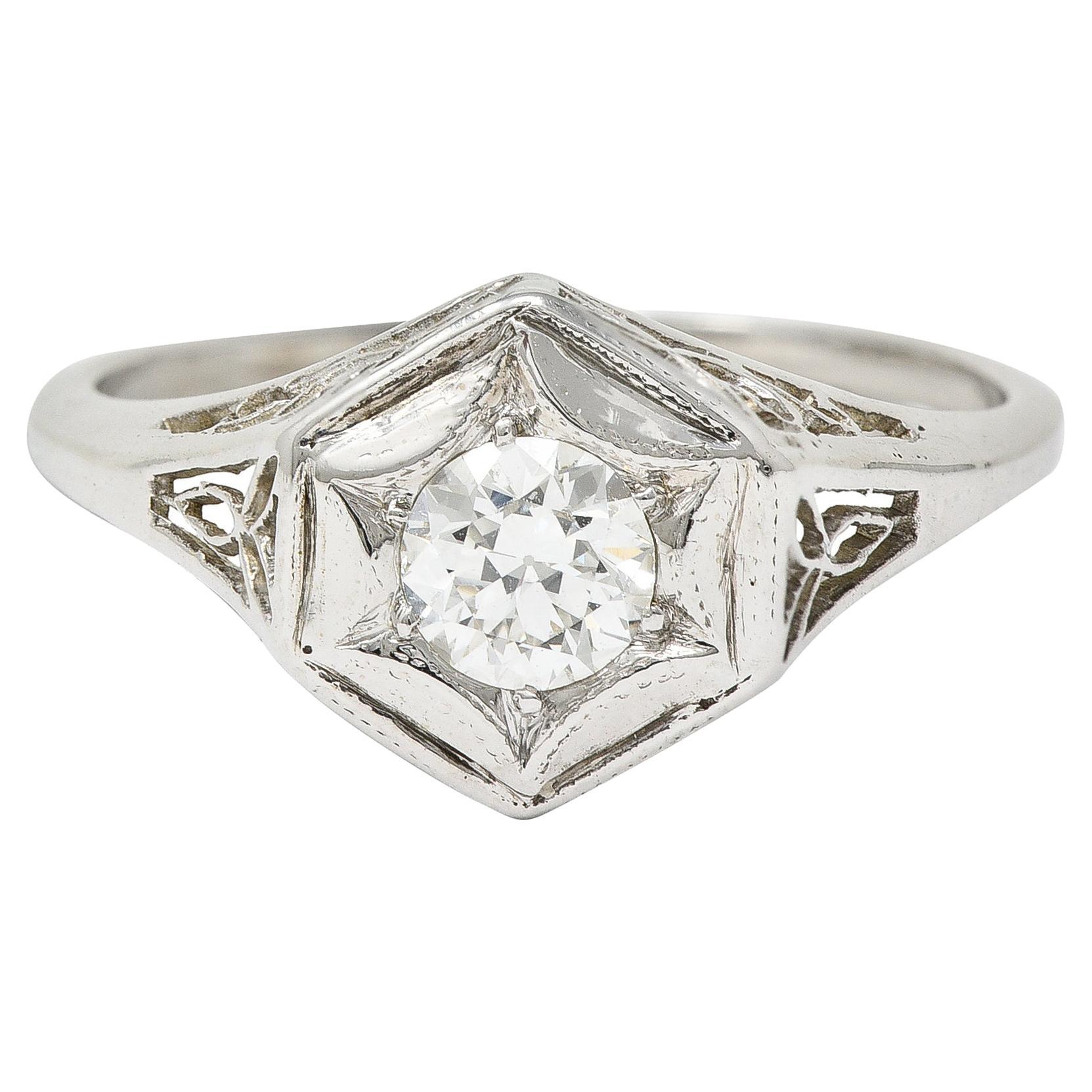 Art Deco 0.47 CTW Diamond 14 Karat White Gold Starburst Foliate Engagement Ring For Sale