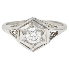 Vintage Art Deco 0.47 CTW Diamond 14 Karat White Gold Starburst Foliate Engagement Ring