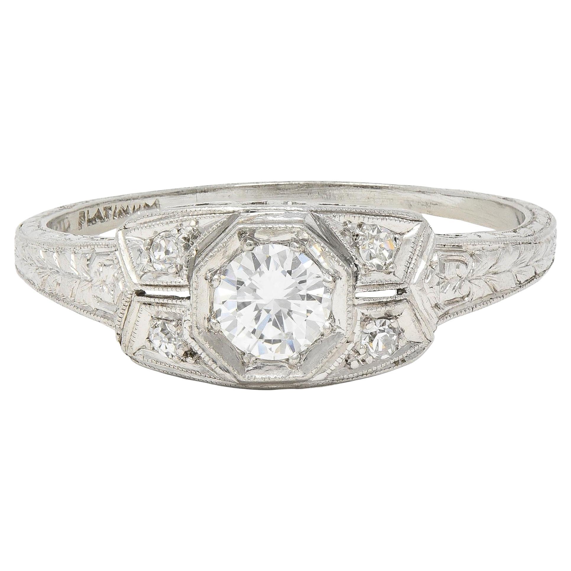 Art Deco 0.47 CTW Diamond Platinum Scrolling Foliate Vintage Engagement Ring