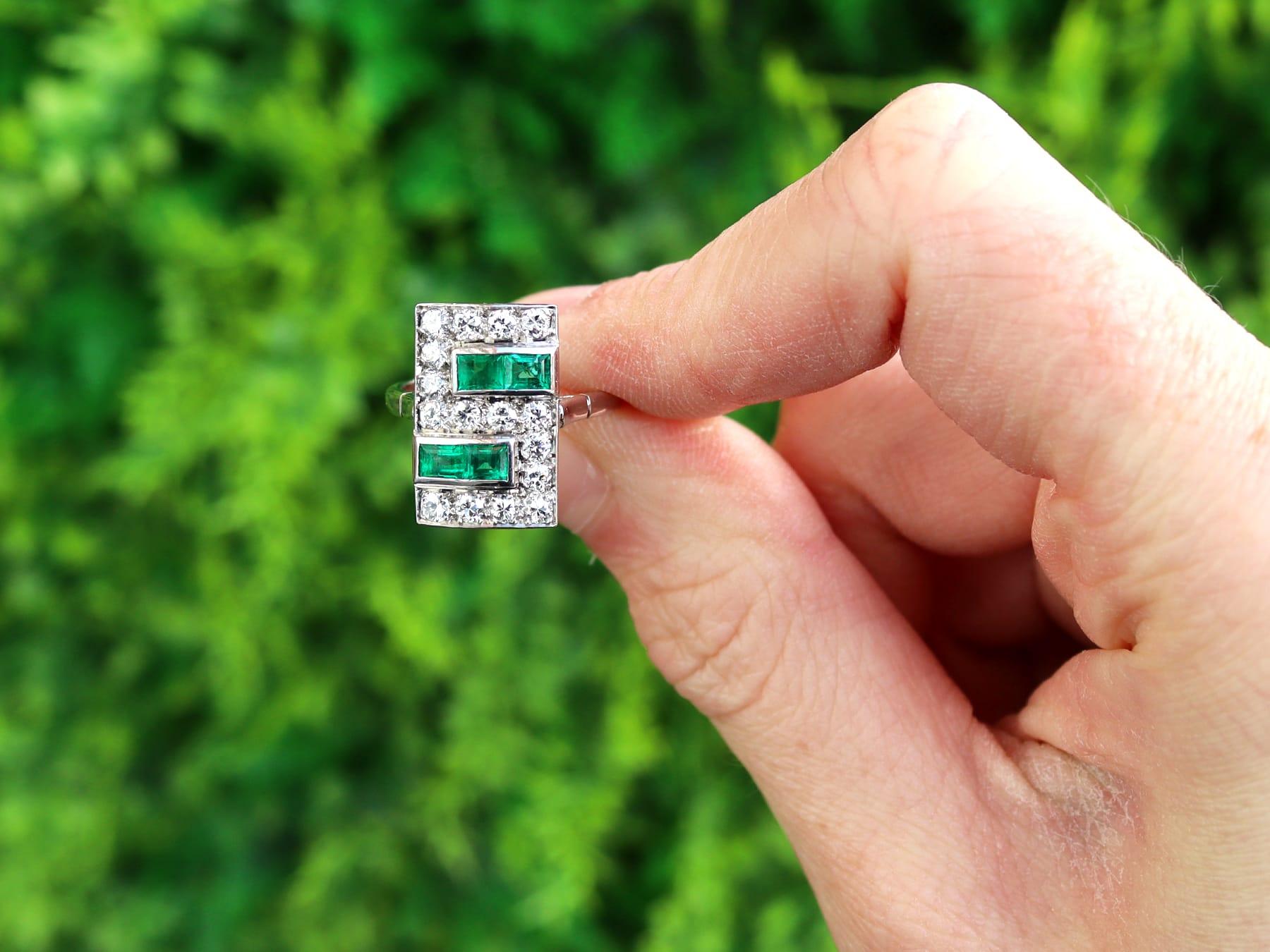 A stunning antique 0.48 carat emerald and 1.12 carat diamond, platinum Art Deco cocktail ring; part of our diverse antique jewellery and estate jewelry collections

This stunning, fine and impressive antique Art Deco emerald and diamond dress ring