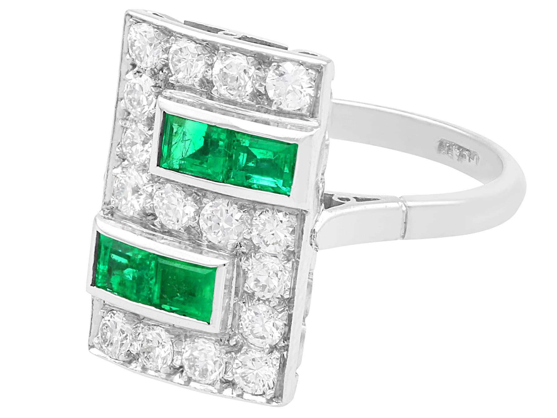 Emerald Cut Art Deco 0.48 Carat Emerald and 1.12 Carat Diamond Platinum Cocktail Ring For Sale