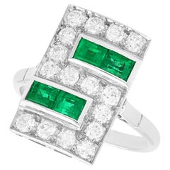 Antique Art Deco 0.48 Carat Emerald and 1.12 Carat Diamond Platinum Cocktail Ring