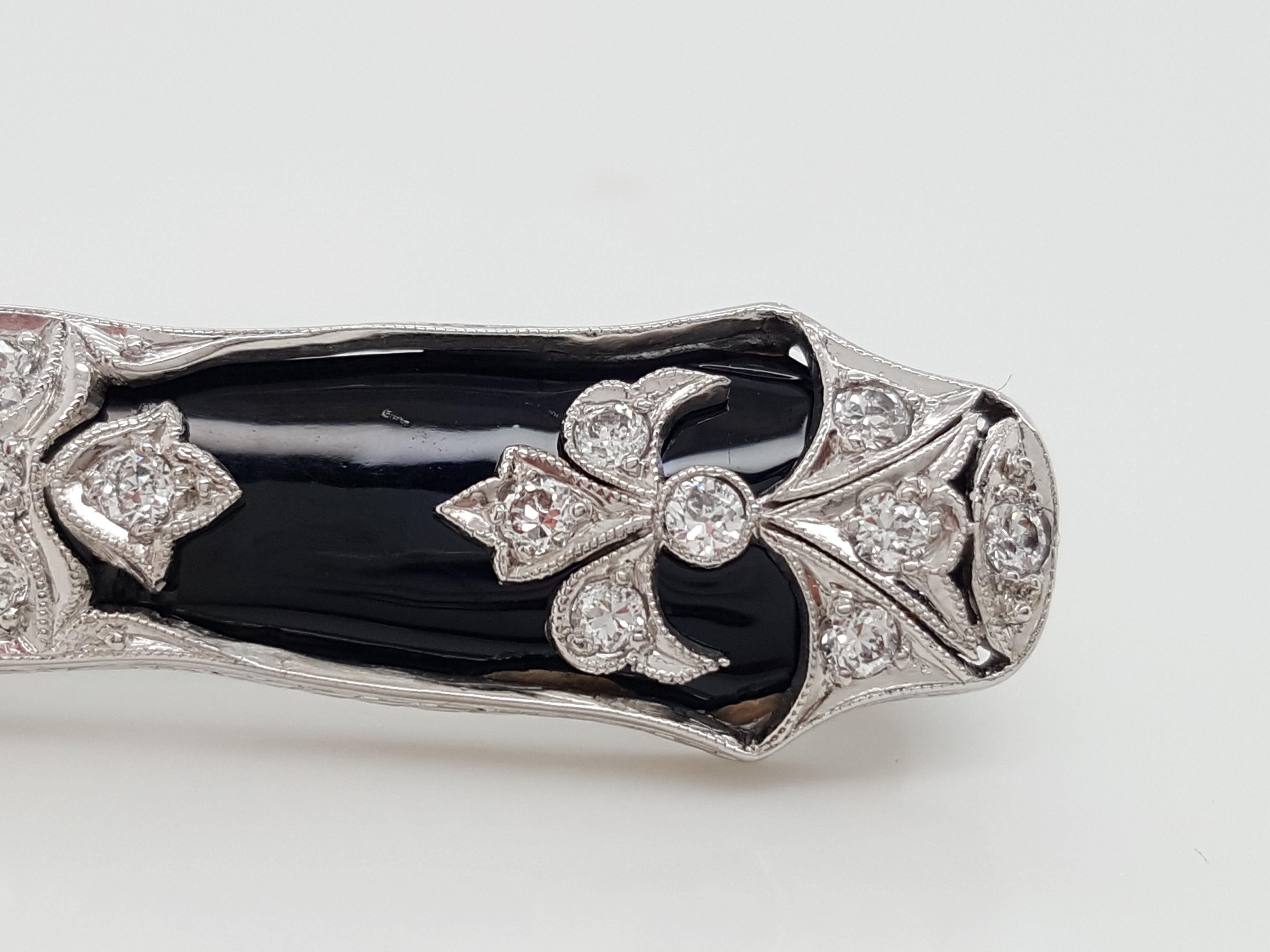 Art Deco 0.5 Carat Old European Cut Diamond with Black Onyx Brooch Pin For Sale 6