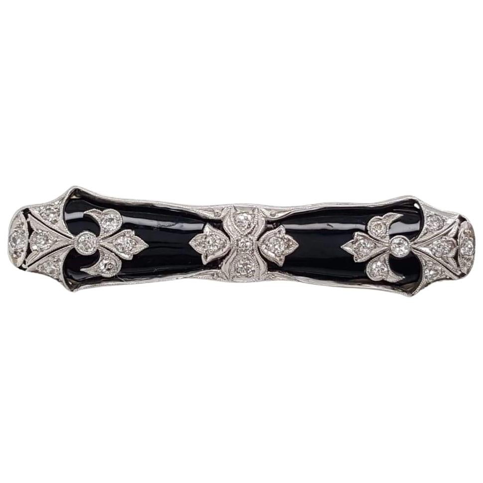 Alfiler broche Art Decó de diamante talla europea antigua de 0,5 quilates con ónice negro