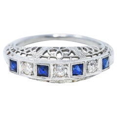 Art Deco 0.50 Carat Diamond Sapphire Platinum Floral Band Ring circa 1930