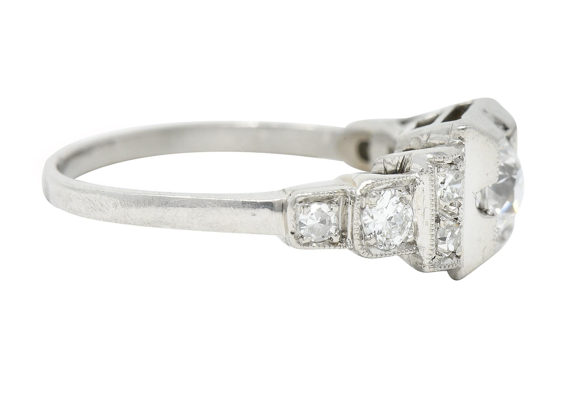 Art Deco 0.50 Carat Old European Cut Diamond Platinum Stepped Engagement Ring In Excellent Condition For Sale In Philadelphia, PA