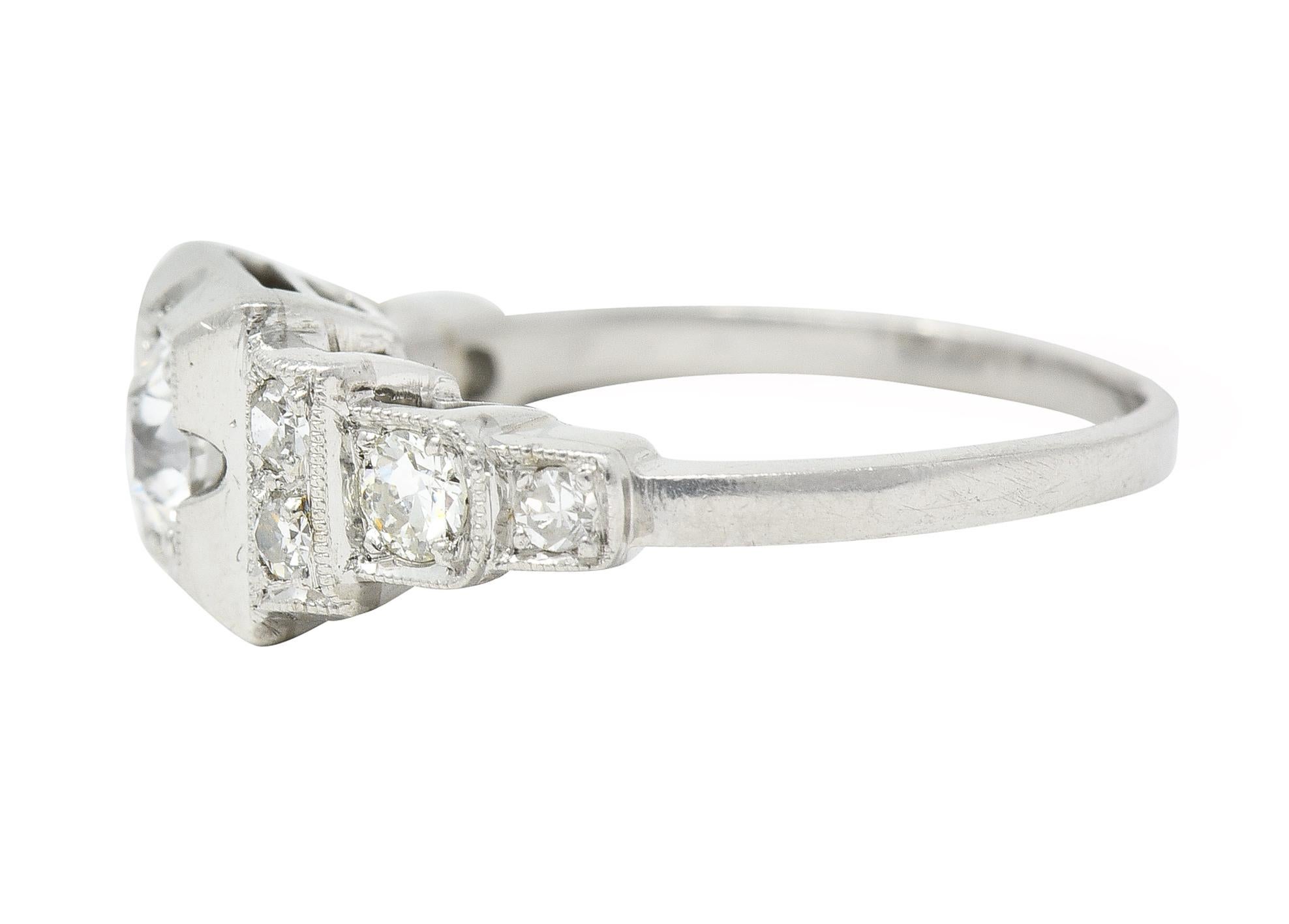 Art Deco 0.50 Carat Old European Cut Diamond Platinum Stepped Engagement Ring For Sale 1