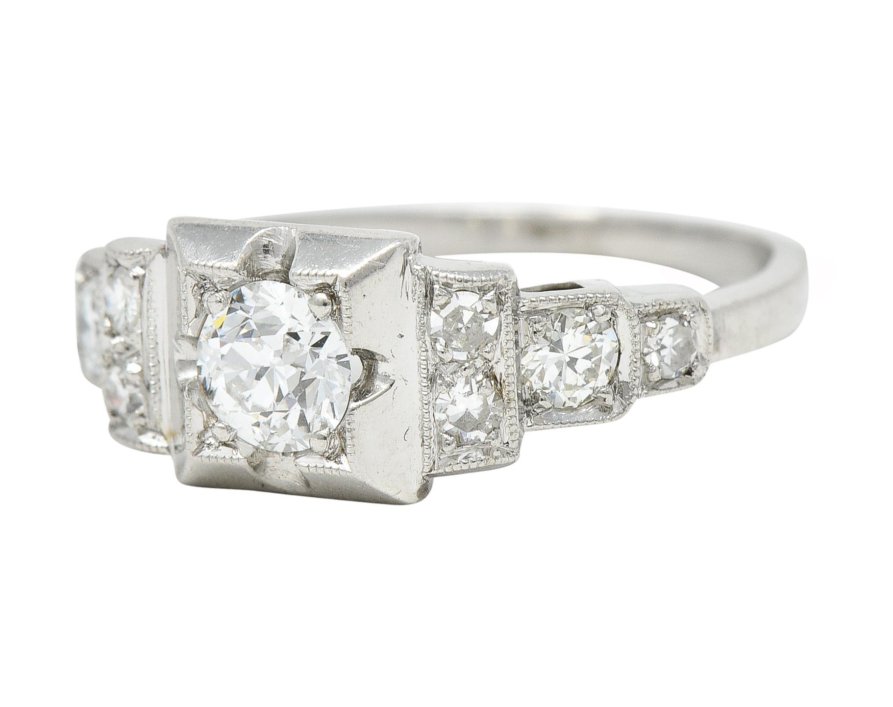 Art Deco 0.50 Carat Old European Cut Diamond Platinum Stepped Engagement Ring For Sale 2
